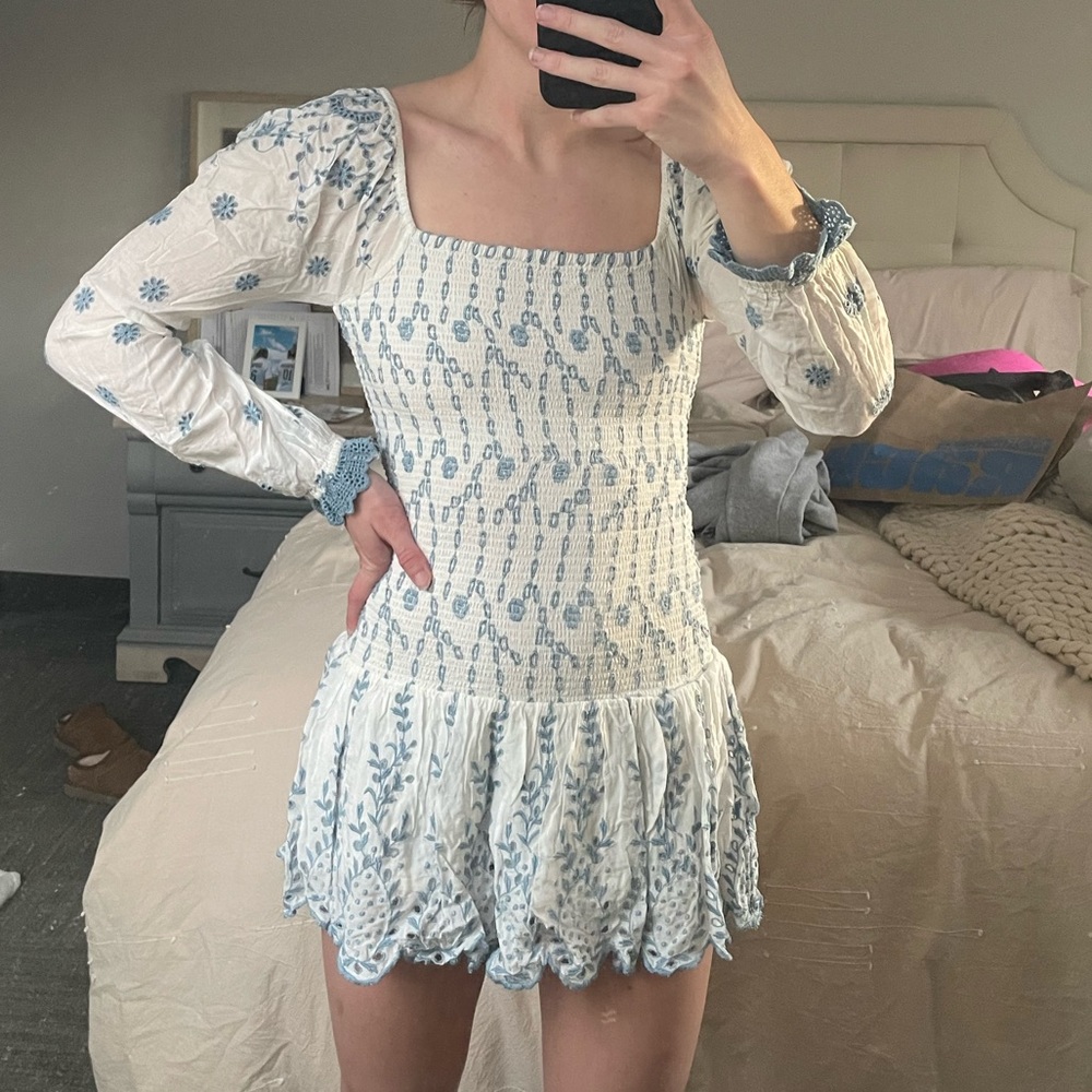 LoveShackFancy Blue and White Mini Dress
